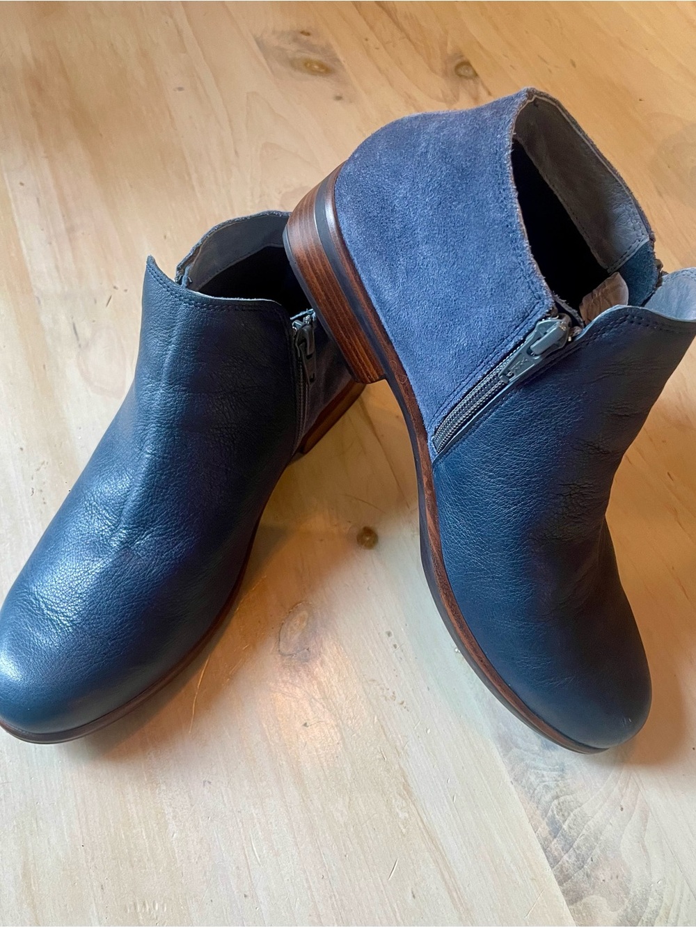 Naot Women's Navy Leather & Suede Ankle Booties with Side Zipper.